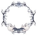 Watercolor illustration, a wreath of thorny branches with a bat, ghosts and cobwebs on a white background.