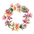 Wreath of yellow, rose orchid flowers and leaves on white background