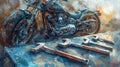 Watercolor illustration of wrenches and screwdrivers with motorcycle. concept of engineering tools, mechanical Royalty Free Stock Photo