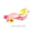 Watercolor illustration of a yellow chicken sitting on the palm of a person, decorated with yellow and pink delicate flowers.