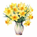 Watercolor Illustration Of Yellow Daffodils In Vase