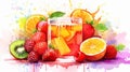 Watercolor illustration of yellow jelly with fruit and berries. Ideal for art prints, recipe book, culinary blog Royalty Free Stock Photo