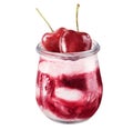 Watercolor illustration of yogurt with cherry berries isolated on white background. White chocolate mousse cherry jam in