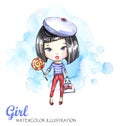 Watercolor illustration young girl with bag and lollipop. Adventure, vacation. Can be printed on T-shirts, bags, posters