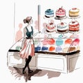 Watercolor illustration of a young woman choosing cake in candy shop Royalty Free Stock Photo