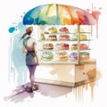 Watercolor illustration of a young woman choosing cake in candy shop Royalty Free Stock Photo