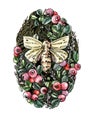 Watercolor illustrationof winter composition of forest with berries and moth. A medallion of beige moth, red and green Royalty Free Stock Photo