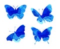 Watercolor illustrations of beautiful blue silhouettes of butterflies