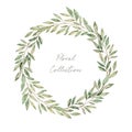 Watercolor illustrations. Botanical clipart. Wreath of green leaves and branches. Floral Design elements. Greenery frame. Perfect