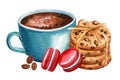 watercolor illustrations, Christmas sweets, cookies with chocolate, macaroons and coffee