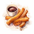 Watercolor Illustrations Of Churros With Dipping Sauce
