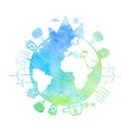 Watercolor illustrations of concept earth icons of ecology, Royalty Free Stock Photo