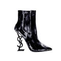 Watercolor illustrations of famous brands. Hand work watercolor women`s shoes. Drawn leather heeled boots. Yves Saint Laurent