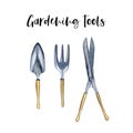 Watercolor illustrations of gardening tools: shovel, rake and scissors. Hand painted clipart. Isolated elements on white