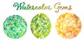 Watercolor illustrations of gems. Green emerald, peridot and yellow citrine hand-painted gems. Precious gem image