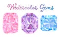 Watercolor illustrations of gems. Pink quartz, purple amethyst and bue aquamarine hand-painted gems.
