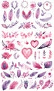 Watercolor illustrations of heart, flower wreath, feathers, frames and bird.