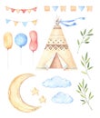 Watercolor illustrations - Kids tent, moon and stars, balloons,