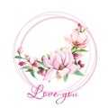 Watercolor illustrations with magnolia flower and the words `Love You`