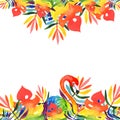 Watercolor illustrations a rectangular frame tropical leaves of the rainbow colors of flamingo
