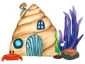 Watercolor illustrations shell house, crab and violet seaweed. Seabed ocean, underwater landscape background with