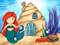 Watercolor illustrations shell house, cute mermaid, crab and violet seaweed. Seabed ocean, underwater landscape