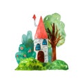 Watercolor illustrations of small house, bushes and tree in the forest isolated on a white background. Rustic fairytale