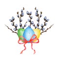 Watercolor illustrations of three colored eggs, green, yellow, blue with a red bow and willow branches Royalty Free Stock Photo