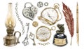 Watercolor illustrations: vintage lantern, lock and keys, watch and compass, feather pen, inkwell and chains. isolated