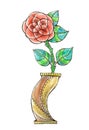 Watercolor illustrationwith a delicate rose in vase. Colorful picture for design. Hand drawing.