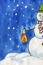 Watercolor illustrtion. Happy snowman with a hat on and scarf, holding a lantern with burning candle. Blue sky, snowing, snow pile