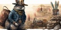 Watercolor ilustration of adorable bunny as a gold prospector