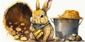 Watercolor ilustration of adorable bunny as a gold prospector