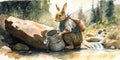 Watercolor ilustration of adorable bunny as a gold prospector