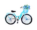 Watercolor ilustration of blue retro bicycle with flowers in a basket, isolated on white