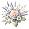 Watercolor ilustration with bouquet of flowers on ransparent background, AI