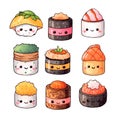 Watercolor ilustration with set of kawaii sushi on transparent background, AI