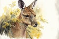 Watercolor image of an Australian kangaroo with wattle flowers