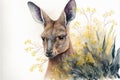 Watercolor image of an Australian kangaroo with wattle flowers