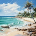 watercolor image of beach with palm trees in a warm island