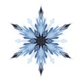 Watercolor image of beautiful ornate snowflake isolated on white background. Hand drawn winter illustration of single