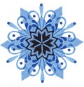 Watercolor image of beautiful patterned blue snowflake with black center isolated on white background. Frozen elegant