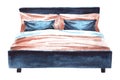 Watercolor image of black double bed made up of pink linens with pink and black pillows. Piece of furniture isolated on