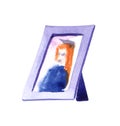 Watercolor image of blurred picture in table frame isolated on white background. Photo of young ginger-haired girl wearing