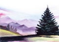 Watercolor image of blurry branchy blue fir on bare hill. Dark silhouette of coniferous tree against light lilac mountain ranges Royalty Free Stock Photo