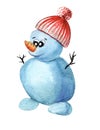 Watercolor image of cartoon baby snowman with carrot instead of its nose, short stick arms and bright knitted hat with fluffy Royalty Free Stock Photo