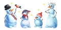 Watercolor image of cartoon snowmen family on white background with yellow stars. Snowman dad with bullfinch on his arm, snowman Royalty Free Stock Photo