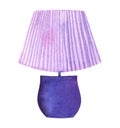 Watercolor image of classical table lamp isolated on white background. Light lilac fluted lampshade on deep blue basing. Hand