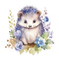 watercolor image of cute cartoon hedgehog surrounded by blue flowers isolated on white background Royalty Free Stock Photo