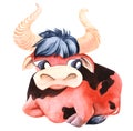 Watercolor image of cute cartoon red and black bull isolated on white background. Domestic animal with big curious eyes and big